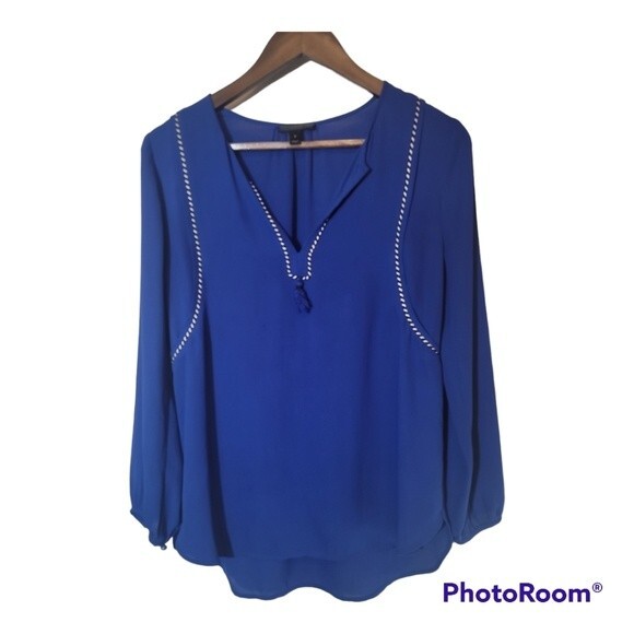 J. Crew Royal Blue Tassel Trim Long Sleeve Tunic Polyester Blouse Top Size 2 - Picture 2 of 11